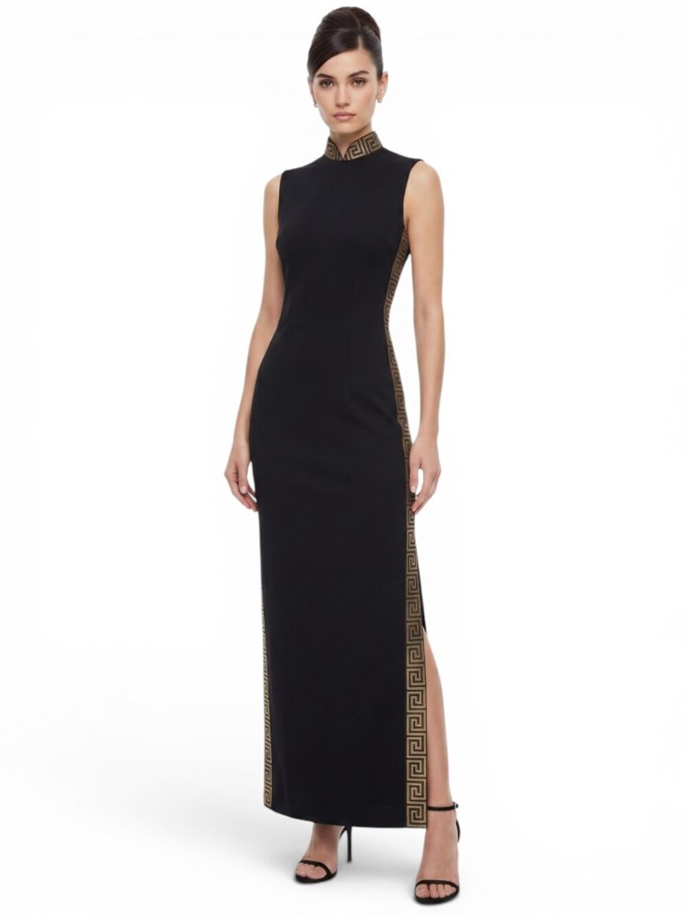 Alfred Shaheen Vintage Black Gold Greek Key Cheongsam Asian Maxi Dress Gown 6